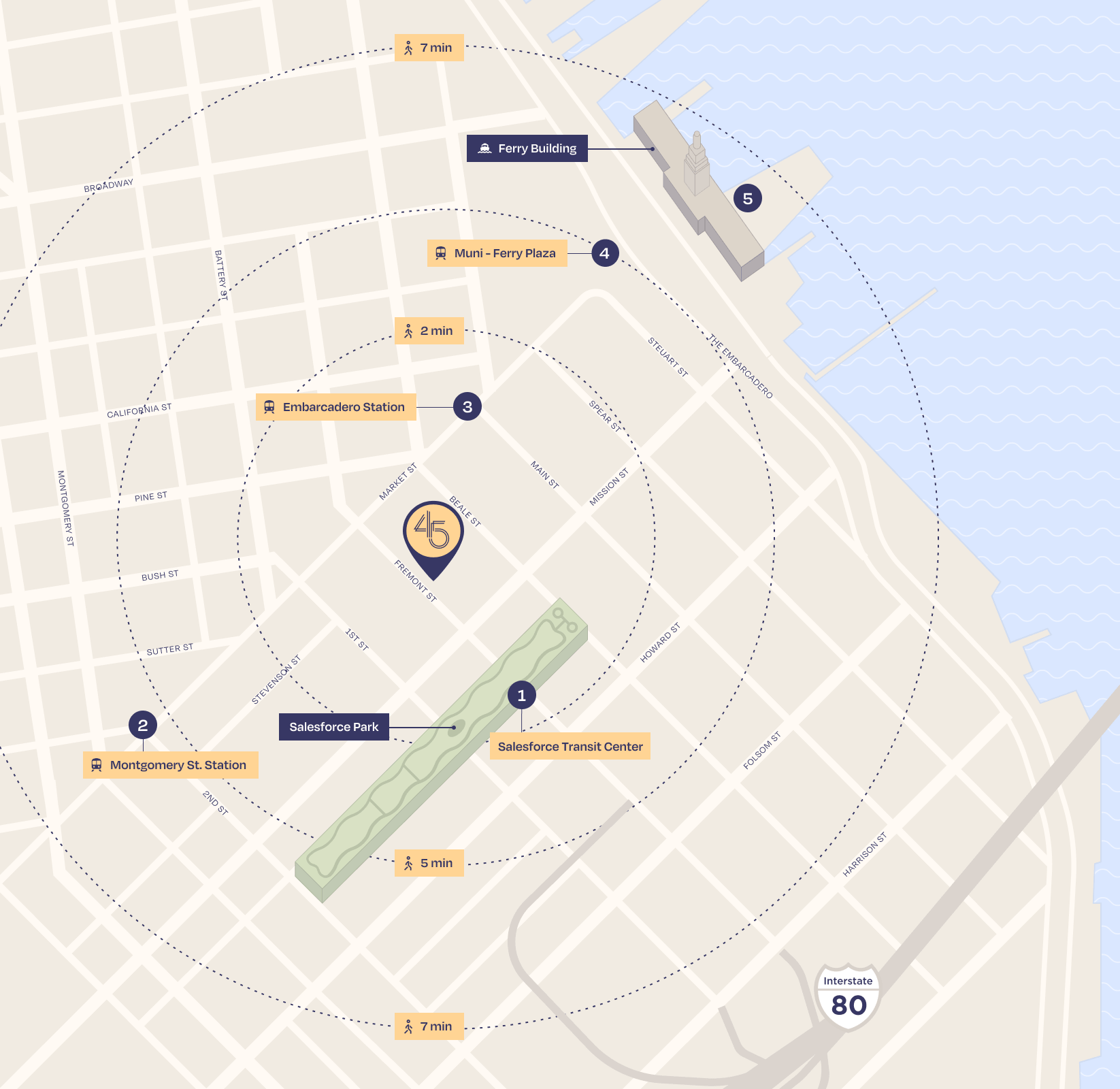 Transit map highlighting walking distances from 45 Fremont to key transit points of interest